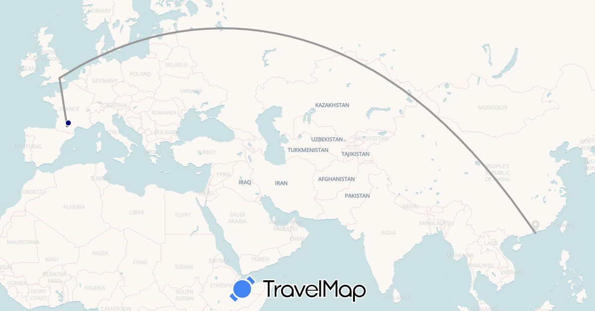 TravelMap itinerary: driving, plane in France, United Kingdom, Hong Kong (Asia, Europe)